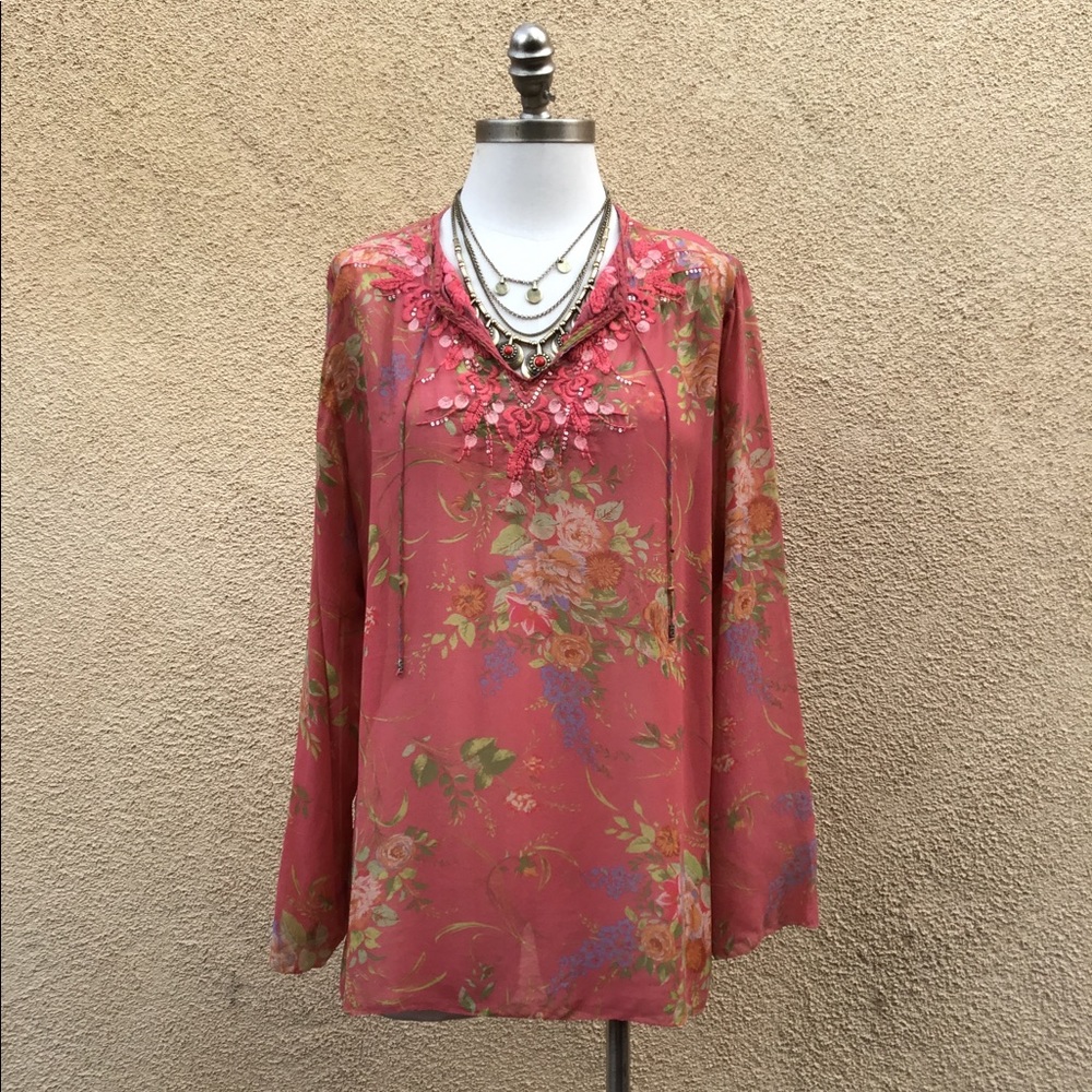 CAbi Boho Embroidered Sheer Silk Peasant Blouse XL